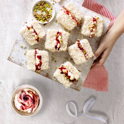 Pistachio, Raspberry and White Choc Lamingtons